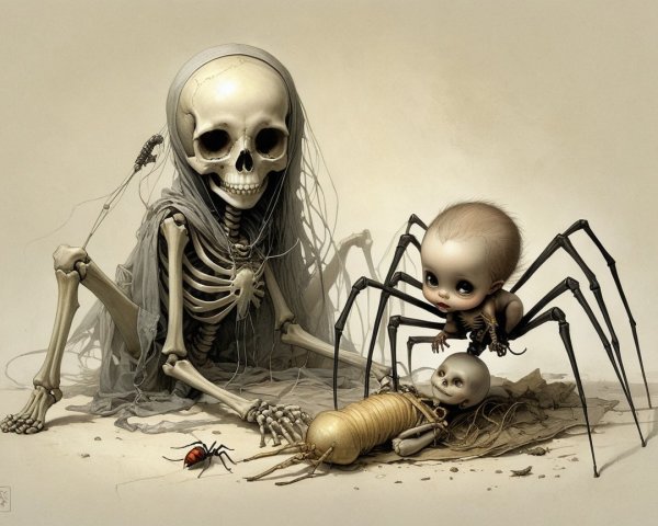 Whimsical Eerie Scene with Skeletons and Surreal Elements