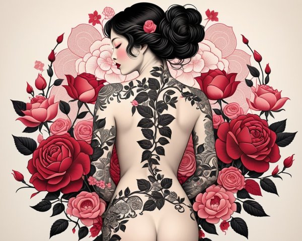 Woman with Black Tattoos and Red Roses Design