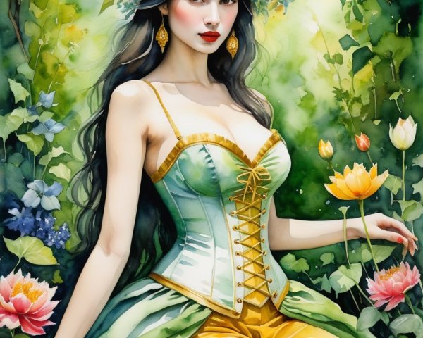 Graceful Woman in Flowing Dress Surrounded by Nature