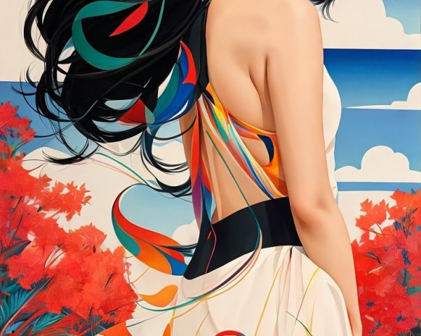 Striking Woman in Colorful Sheer Dress Against Nature