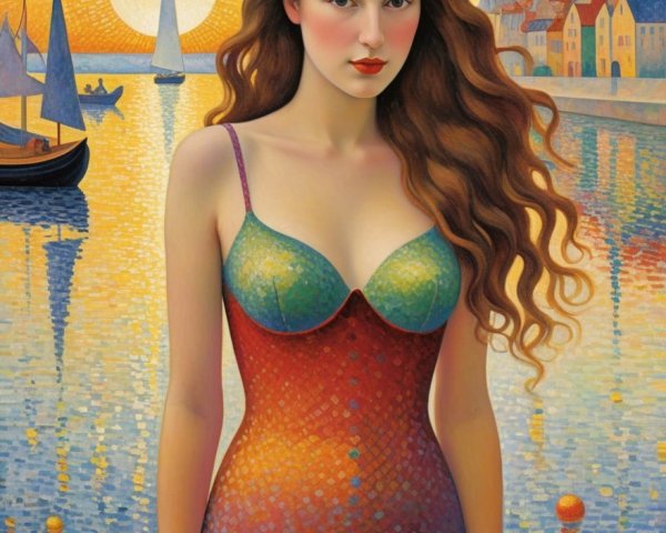 Young Woman in Colorful Dress Against Sunset Landscape