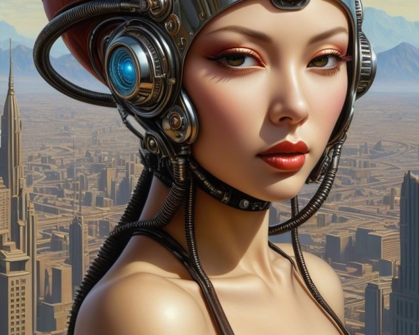 Cybernetic Woman in Futuristic Cityscape Setting