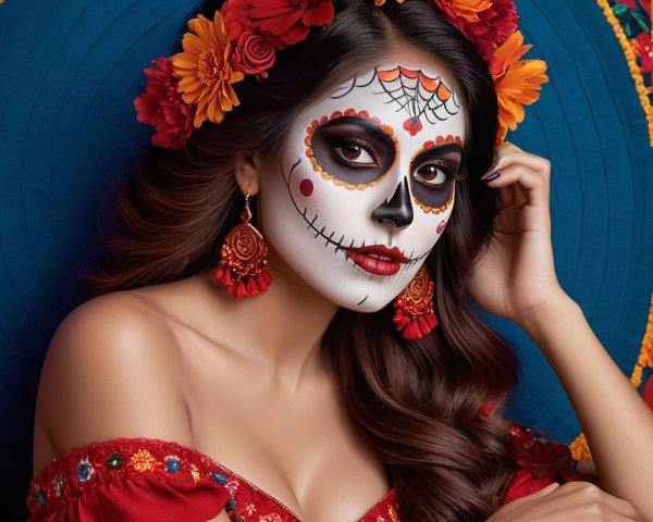 Portrait of a woman in traditional Mexican attire with flowers