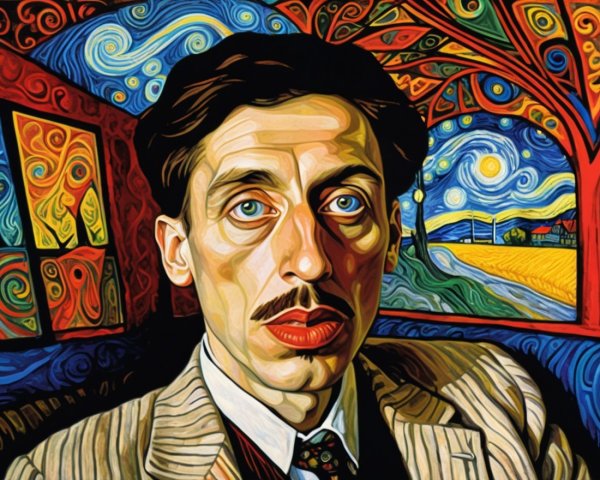 Stylized portrait of a man with blue eyes and mustache