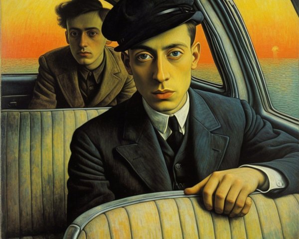 Young Men in Vintage Car with Sunset Background