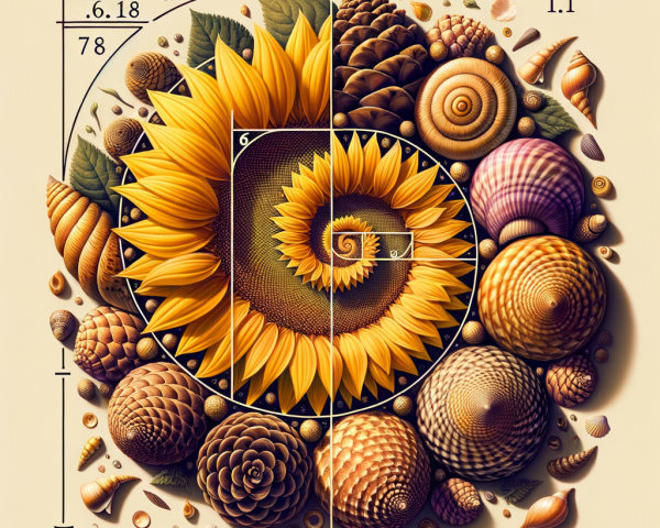Sunflower and Seashells in Fibonacci Spiral Arrangement