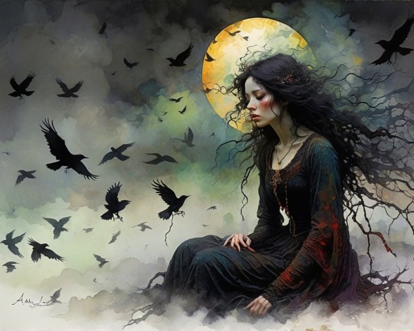 Mysterious Woman in Dreamlike Landscape with Crows
