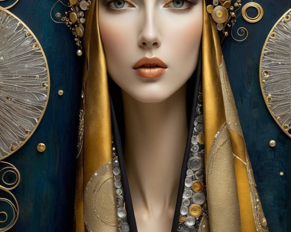Oil Painting of a Woman with Gold Accents and Headdress
