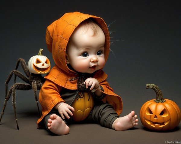 Baby in Orange Cape Surrounded by Halloween Decor
