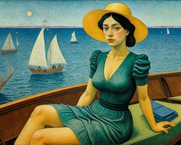 Serene Woman in Green Dress on Boat at Sunset