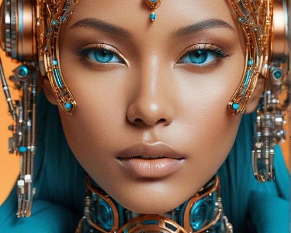 Futuristic figure with blue hair and high-tech attire