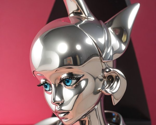 Chrome Sculpture of a Stylized Female Head with Blue Eyes