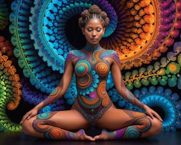 Vibrant Digital Painting of Meditating Woman with Patterns