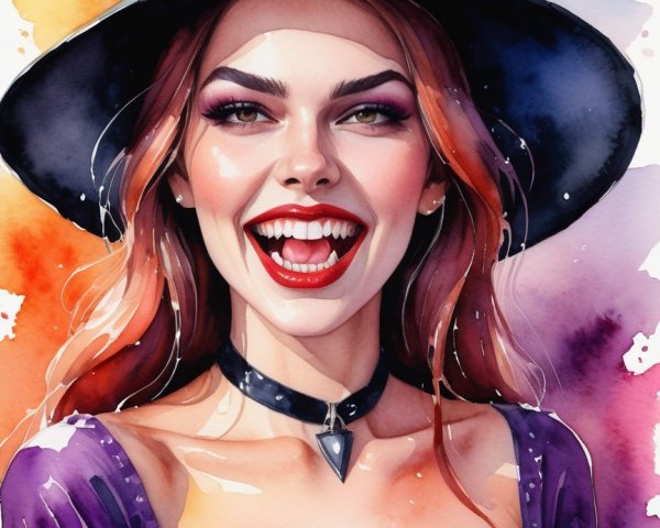 Vibrant Watercolor Illustration of a Joyful Witch