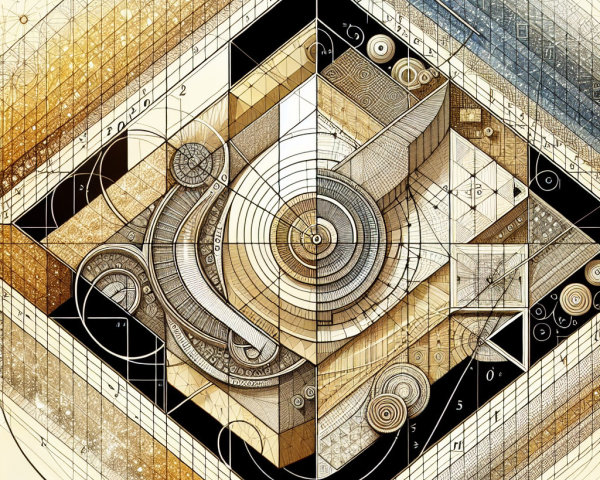 Intricate geometric design with gold, black, and white