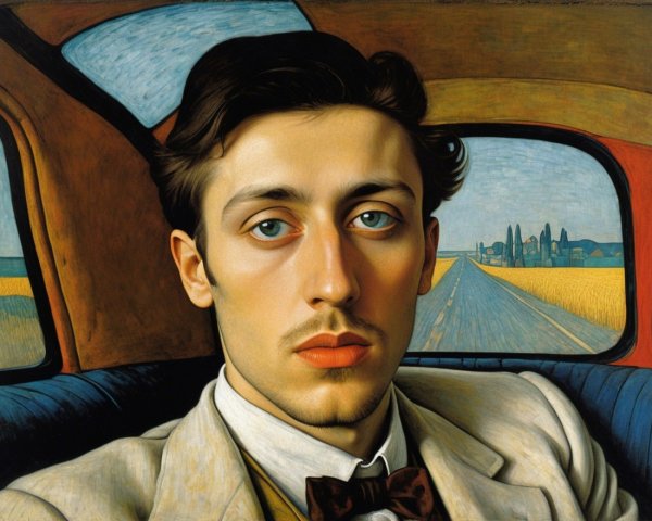 Young man in a suit gazing from a car in nature