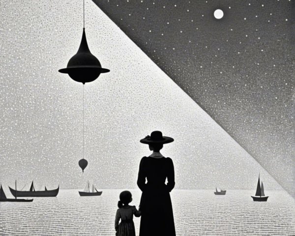 Silhouette of Woman and Child by Serene Seaside