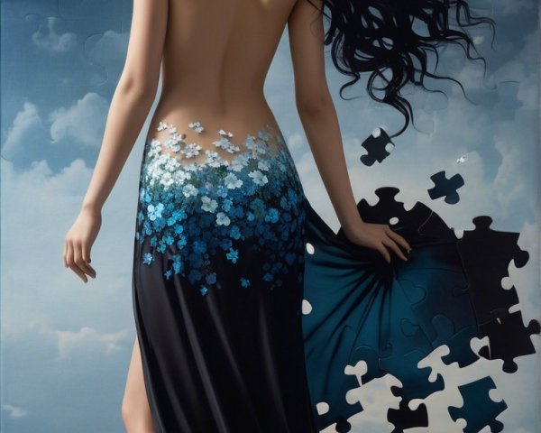 Woman in Puzzle Piece Dress Against Serene Sea and Sky