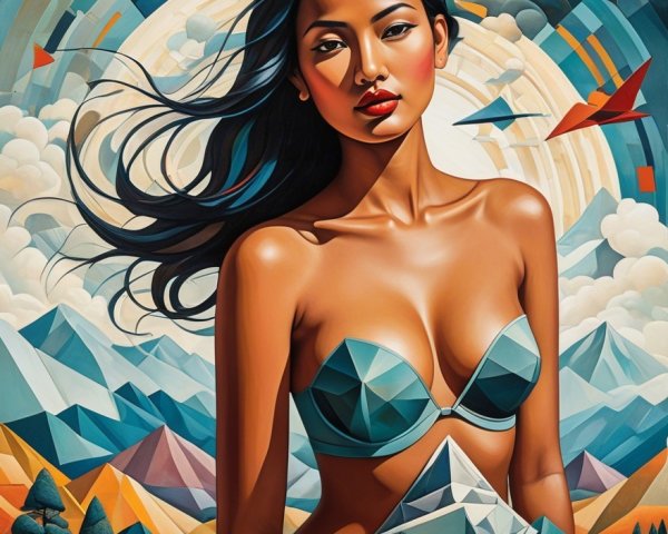 Female Figure in Turquoise Bikini with Abstract Mountains
