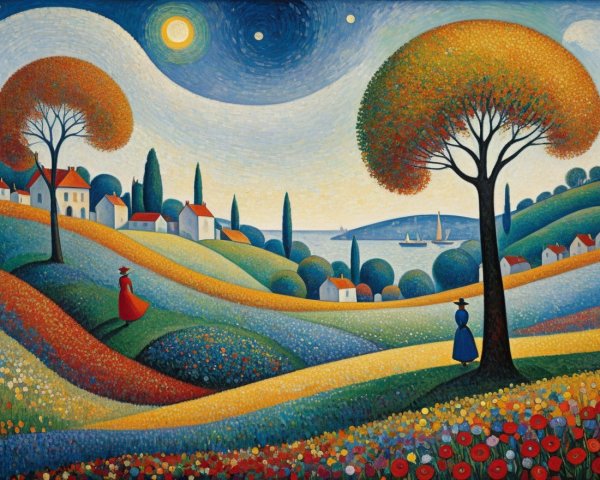 Vibrant Landscape with Rolling Hills and Starry Sky