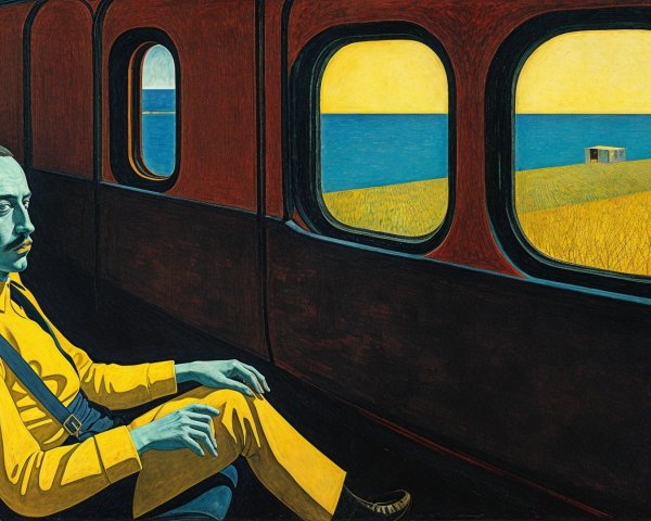 Man in Yellow Suit Contemplates in Train Carriage