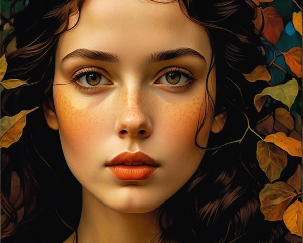 Portrait of a Young Woman Surrounded by Autumn Leaves