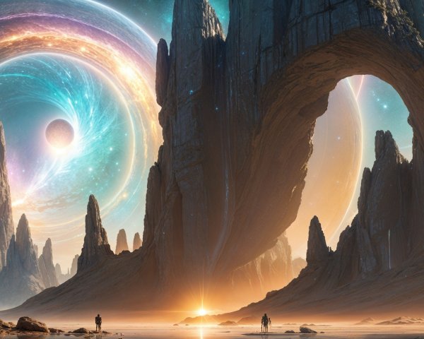 Extraterrestrial Landscape with Cosmic Elements and Figures