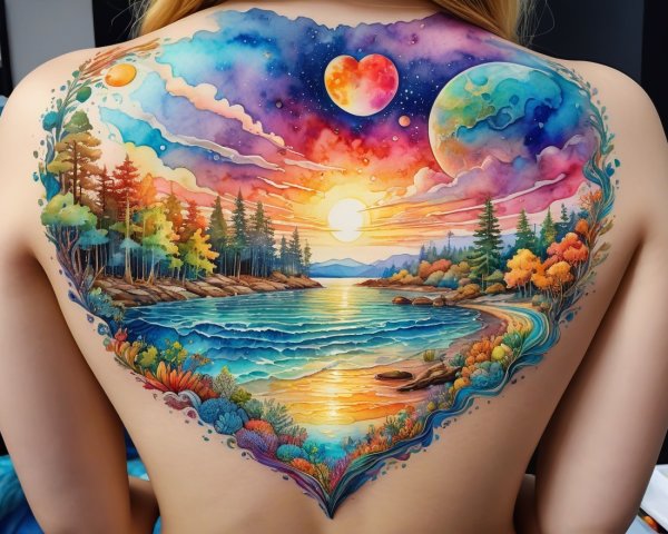 Vibrant Landscape Tattoo with Celestial Elements
