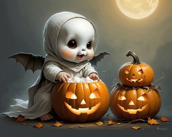 Ghostly Baby with Bat Wings in Halloween Scene