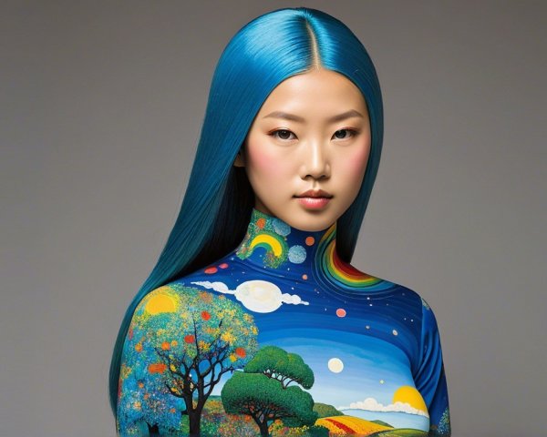 Model with Blue Hair and Artistic Body Paint Design