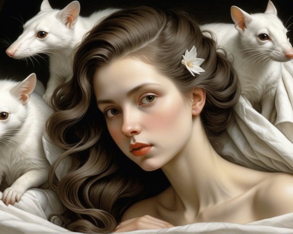 Portrait of a young woman with white flowers and rats