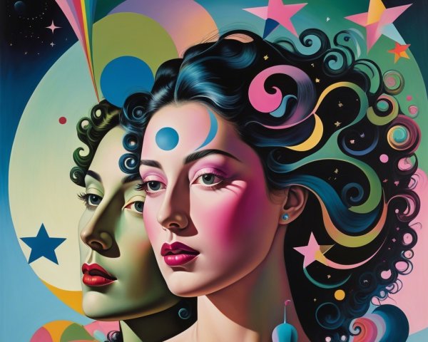 Stylized Women with Cosmic Background and Vibrant Hair