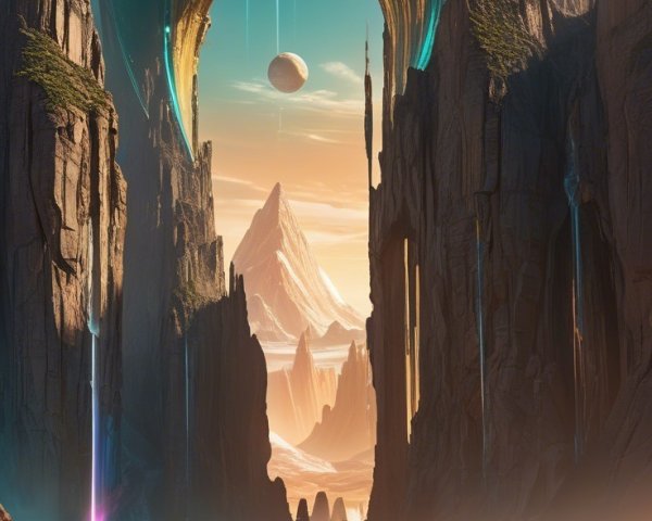 Surreal Landscape with Cliffs, River, and Celestial Body