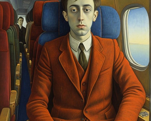 Young man in airplane seat with orange suit jacket