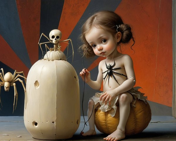 Whimsical Halloween Scene with Girl on Pumpkin