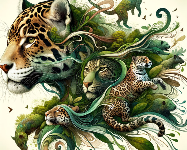 Vibrant Depiction of Big Cats in Lush Foliage