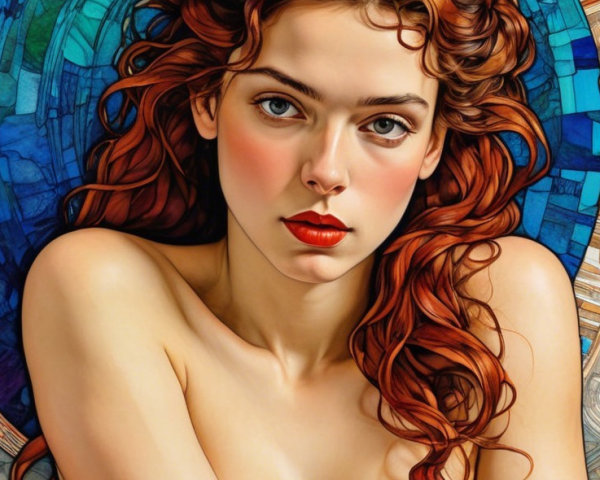 Striking Woman with Red Hair and Stained Glass Background