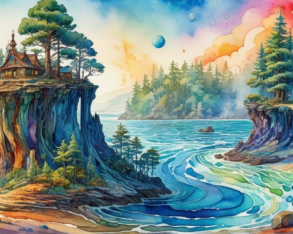 Whimsical Landscape with Wooden House and Mountains