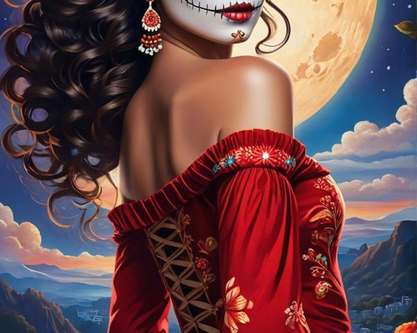 Woman in sugar skull makeup with floral dress and moon