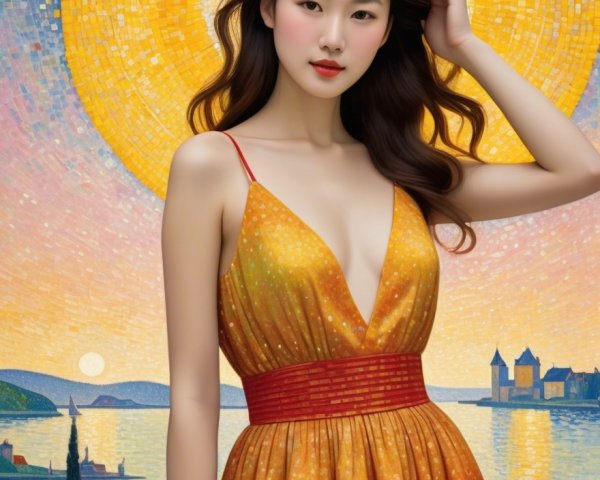 Young Woman in Multicolored Dress Against Vibrant Backdrop