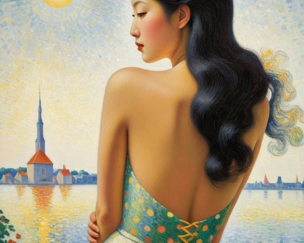 Woman in Polka-Dotted Dress by Tranquil Water Scene