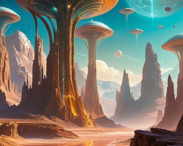 Alien Landscape with Futuristic Structures and Rivers