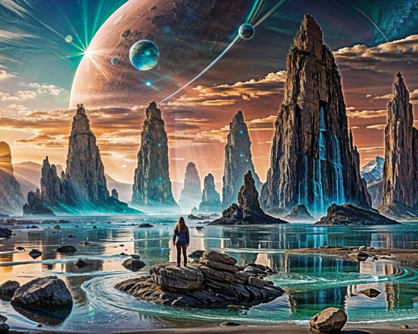 Alien Landscape with Rock Formations and Cosmic Sky