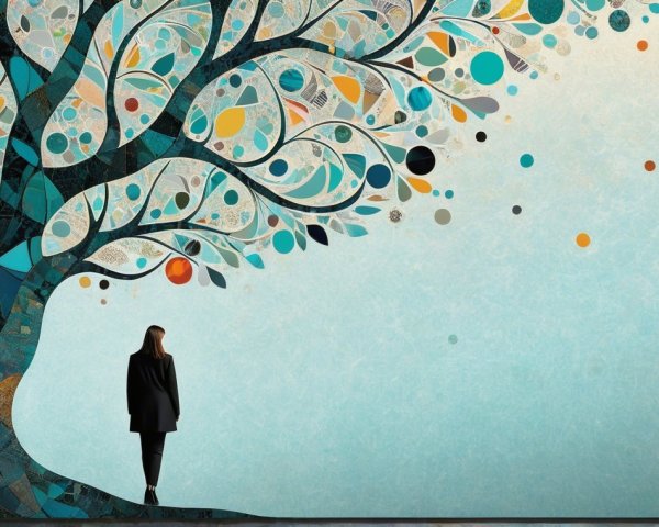 Stylized Tree with Vibrant Leaves and Contemplative Figure