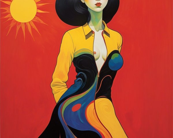 Stylish Woman in Yellow and Black Dress Against Red Background