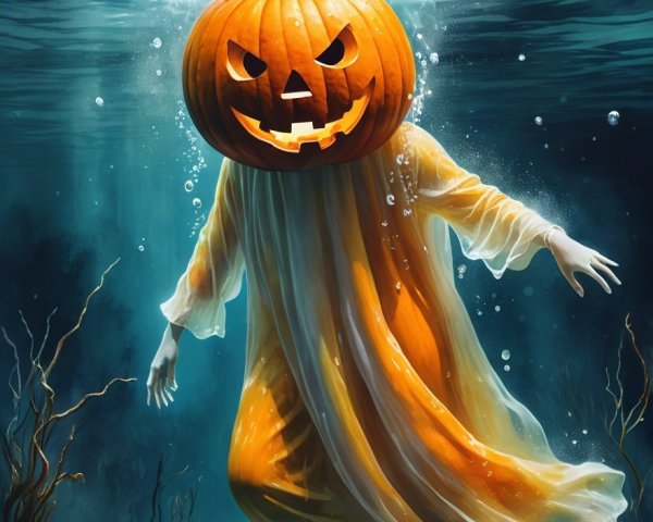 Ghostly Figure with Pumpkin Head Underwater Scene