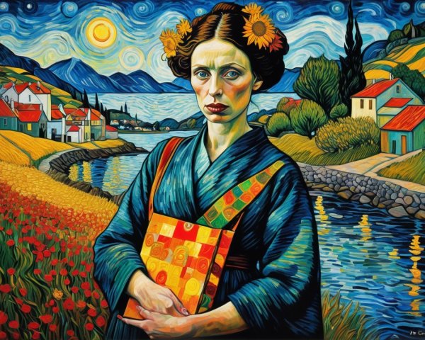 Woman in Blue Kimono Surrounded by Colorful Landscape