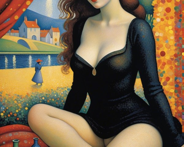 Woman in Black Outfit Surrounded by Colorful Landscape