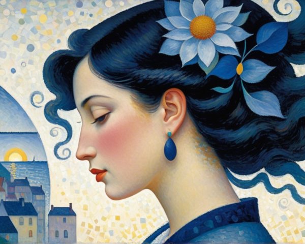 Profile of a Serene Woman with Blue Flower and Landscape