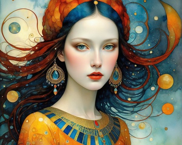 Portrait of a woman with auburn hair and ornate headdress